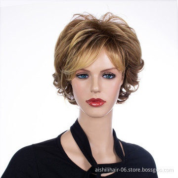 Wholesale stort mix brown with gloden natural wave and behand curly wig heat resistant synthetic hair wigs for women